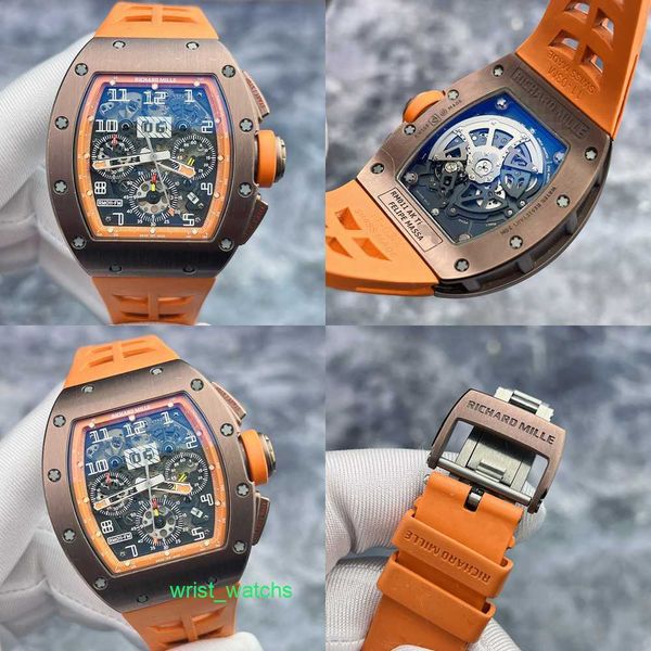 Freizeituhr Luxusuhr RM Uhr RM011 AK Ti Skelett Zifferblatt Kupfer Titan Material Kalender Timing Automatische mechanische Herrenuhr