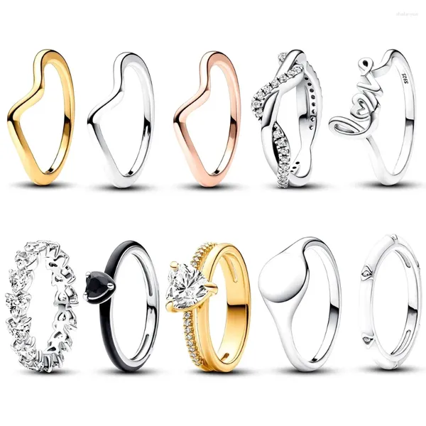 Anéis de cluster autêntico 925 prata esterlina banda dupla coração polido onda me preto chakra anel para mulheres presente moda jóias