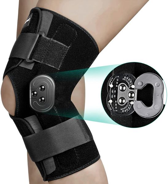 Joelheira articulada de segurança, suporte ajustável para joelho com estabilizadores laterais de mostradores de travamento para dor no joelho, artrite, ACL, PCL, rasgo do menisco