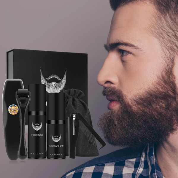 Trattamenti Kit per la crescita della barba Gli uomini Barbe Cura Rullo ad aghi per crescere velocemente Prodotto per la riparazione dei capelli Enhancer Olio essenziale Siero Pettine Barba