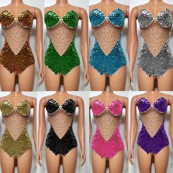 Stage Wear 8 colori Strass Body Sexy Mesh Paillettes Pagliaccetti Donne Cantante Festeggia Gogo Dancer Costume Festival Outfit XS7674