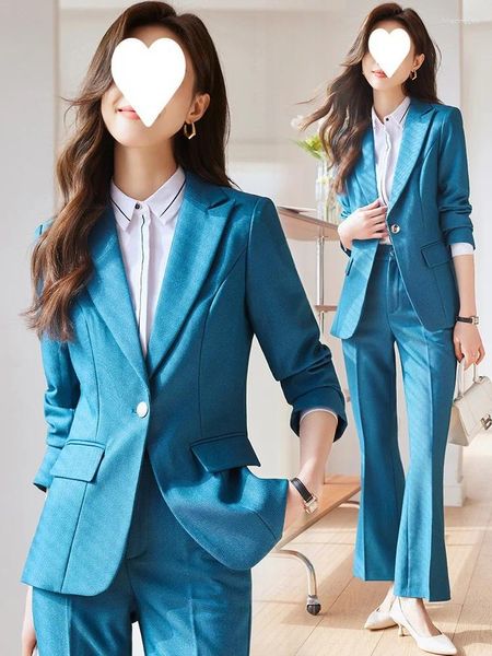 Calças femininas de duas peças azul pequeno terno jaqueta primavera desgaste 2024 lazer alto sentido entrevista ocupação
