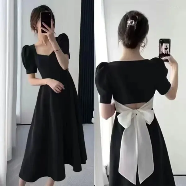 Vestidos casuais francês retro hepburn estilo vestido preto verão y2k tendência volta arco magro pouco solto