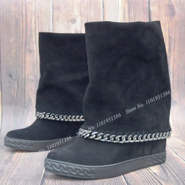 Botas Pereira Black Chain Bando camurça vire as botas de altura sólida redondo de pé real picture mid bezerro mulheres botas elegantes botas de inverno