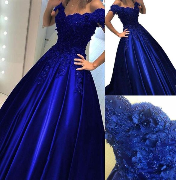 Novo vestido de baile azul real barato vestido de baile fora do ombro renda 3d flores frisado espartilho volta cetim vestidos formais de noite vestidos n8786041