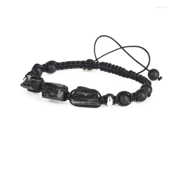 Bracciale energetico macramè unisex con cordone di tormalina nera grezza naturale, pietra curativa regolabile, onice opaco, corda di nylon