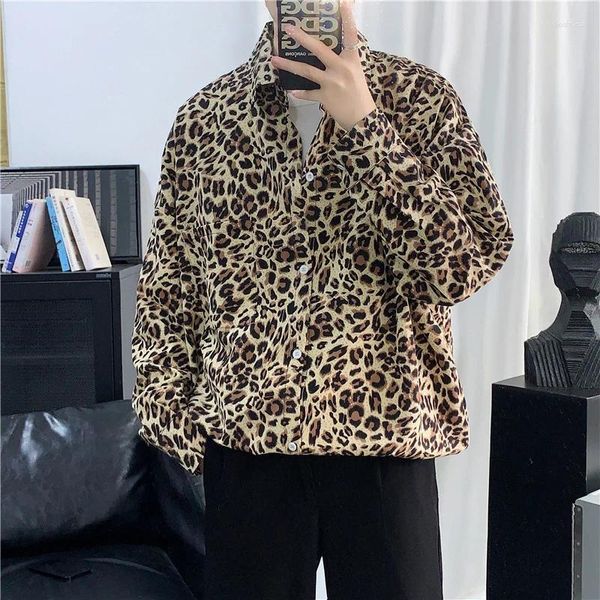 Camisas casuais masculinas rua moda leopardo impressão único breasted camisa completa impresso mangas compridas blusa masculina roupas vintage