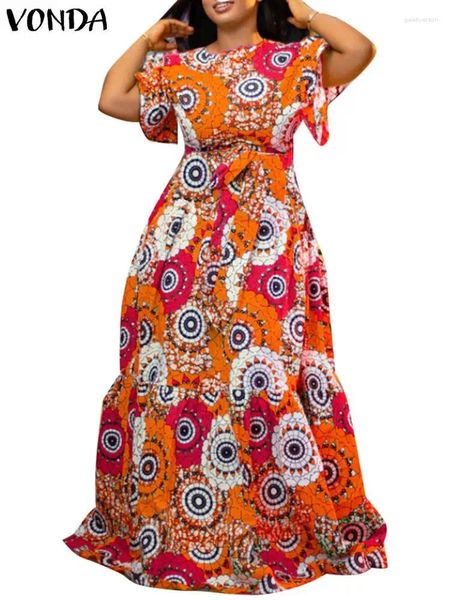 Sıradan Elbise Bohem Elbise 2024 Vonda Kadınlar Vintage Baskılı Parti Kısa Kollu Sundress Moda Plajı Maxi Vestidos Afrikalı Robe