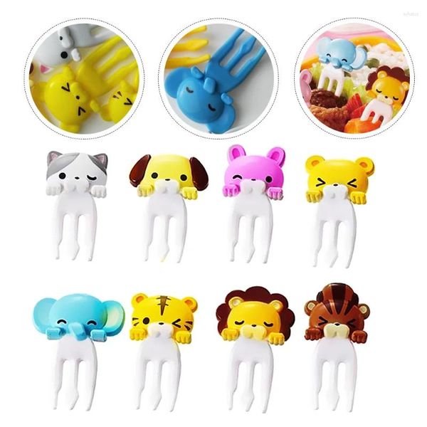 Conjuntos de utensílios de jantar 8 PCs Fruit Fork Mini Cartoon Picto de dente garfos Picks Inserções de plástico Bento sobremesas infantis animais