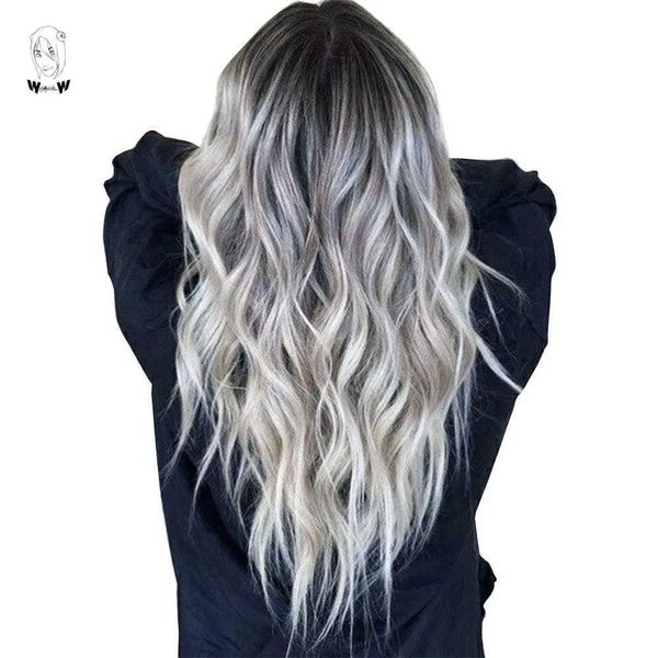 Synthetische Perücken WHIMSICAL W Lange gewellte Ombre-Schwarz-Grau-Mischblond-Perücken, natürlicher Mittelteil, hitzebeständiges Haar, synthetische Perücke für Frauen 240328 240327