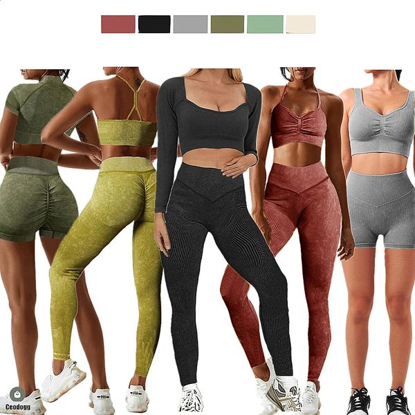 Lavagem sem costura conjunto de yoga mulheres treino pant colheita top camisa shorts ginásio outfits fitness scrunch leggings ternos ativos 240307