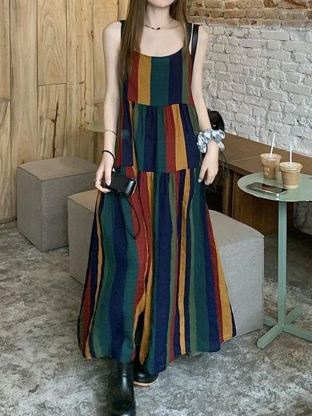 Vestidos casuais verão moda vestido mulheres vintage sem mangas impresso maxi longo algodão linho elegante solto praia vestido streetwear