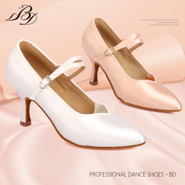 Sapatos BD Sapatos de dança Mulheres Ballroom Sapatos de dança Profissional Concorrência Desempenho Treinamento Sapatos SoftSoled Feminina Branca W11