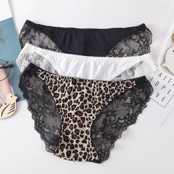 Calcinha feminina sem costura gelo seda renda leopardo impressão meninas sexy roupa interior fina tamanho grande algodão virilha cintura baixa calças triângulo