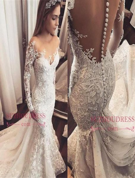 Abiti da sposa con applicazioni di pizzo a sirena a maniche lunghe 2019 Abito da sposa vintage arabo Dubai Plus Size Boho BC15098986936