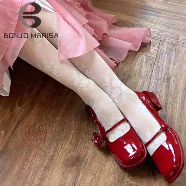 Stiefel neue Blumenrose Plattform Marry Janes High Heels Pumps Frauen Plattform Chunky Absatz rot schwarz Frühling Sommer Casaul Schuhe Frau