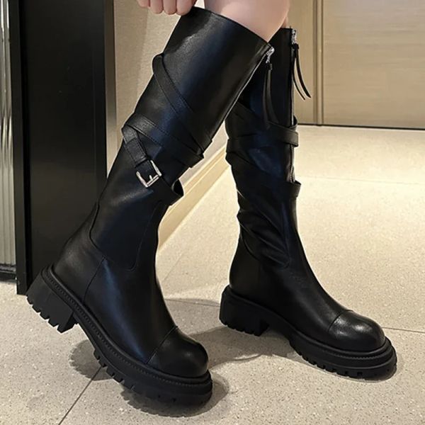 Сапоги на молнии колена высокая chelsea High Boots Women Flats обувь зима 2024 Новая бренда платформная тенденция гладиатор Boots Punk Motorcycle Botas