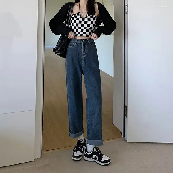 Jeans da donna stile coreano di nicchia larghi con gambe larghe per pantaloni casual dritti a vita alta