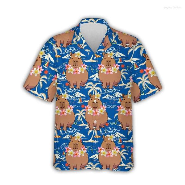 Herren Freizeithemden 2024 Kawaii Capybara Grafik für Herrenbekleidung 3D-Druck Hawaiianisches Strandhemd Kurzarm Y2k Niedliche Kinderoberteile Reversbluse