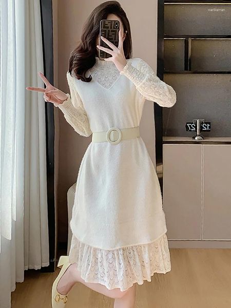 Повседневные платья осень-зима белое вязаное плюс бархатное теплое длинное платье женская мода лоскутное кружево с рюшами 2024 корейское элегантное платье