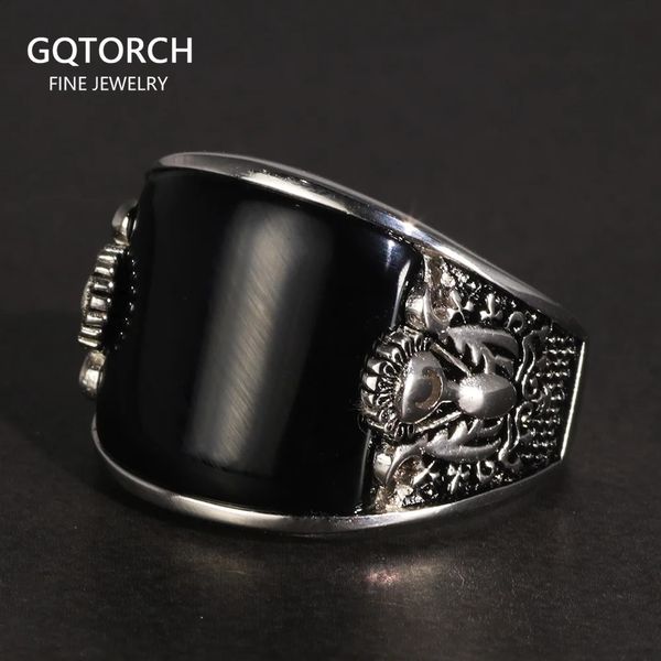 Vintage Punk 925 Ringe mit natürlichem schwarzen Onyx-Stein, einzigartiger Biker mit gebogener Oberfläche für Männer 240305