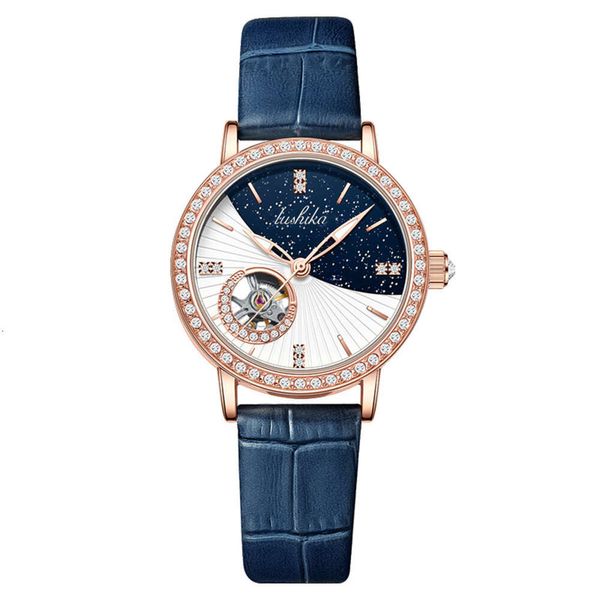 con orologio meccanico luminoso intarsiato con diamanti alla moda Orologio da donna in vera pelle impermeabile