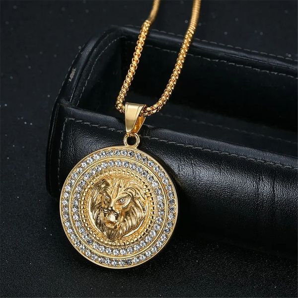 Iced Out CZ Lion Head Pingente Masculino 14k Ouro Amarelo Colar Animal Redondo Para Homens Hip Hop Jóias