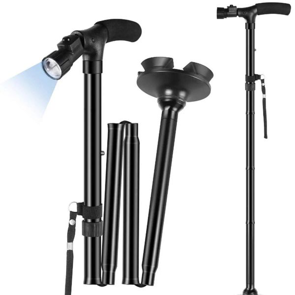 Bastoni Bastone pieghevole con luce a LED Bastone da passeggio pieghevole Antiscivolo Disabilità Torcia per canna in alluminio Lampada di emergenza portatile regolabile