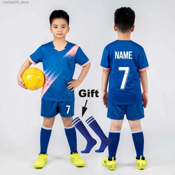 Трикотажные изделия для мальчиков, комплект футбольных трикотажных изделий, подарочные носки для девочек, командный футбол, спортивная одежда, детская футбольная форма, детская футбольная рубашка синего цвета Q240318