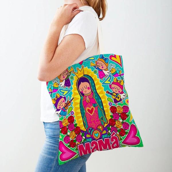 Einkaufstaschen Dame Beidseitige Cartoon Jungfrau Maria Serie Handtasche Faltbare Wiederverwendbare Harajuku Stil Leinwand Frauen Shopper Tasche Tote