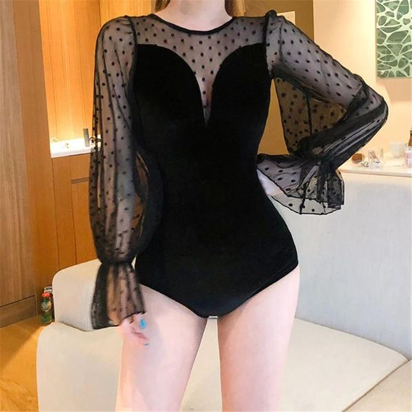 Damenbadebekleidung Sexy Spitze Einteiliger Badeanzug Frauen Solide Langarm Monokini Samt Badeanzug Mesh Pad Baden Schwarz Offener Rücken