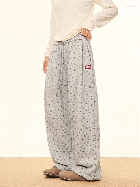 Pantaloni da donna Qweek Floral Stampa floreale pantaloni della tuta larghi Donne grigio in alto in alto dritta vintage coreana Streetwear Fashion Y2K Gamba larga