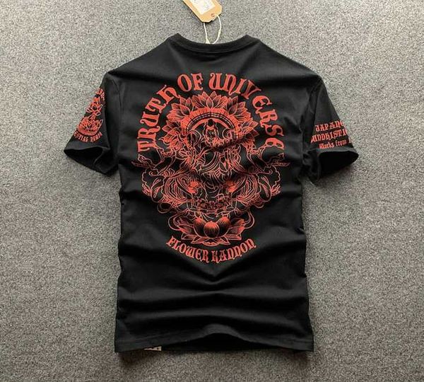 Erkek tişörtleri Japon ukiyo boyalı lotus dövmesi kısa kollu tişört erkekler rahat pamuk tişörtleri retro sanskritçe baskı hip hop üstleri tees gömlek j240316