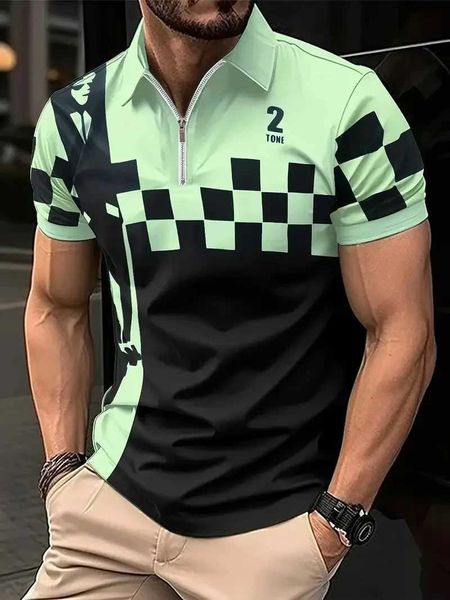 Herren-T-Shirts Herren Business Casual kariertes Poloshirt mit Reißverschluss und Kragen Kurzarm-T-Shirt Sommersport-Top J240316