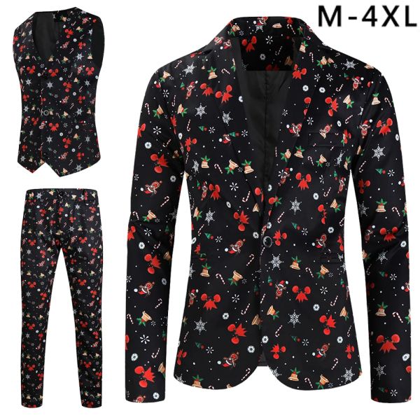 Abiti Divertenti cartoni animati di Natale stampati Abito in 3 pezzi per uomo Festa di Natale Stage Dress Up Blazer + Gilet + Pantaloni Taglie forti Costume Homme