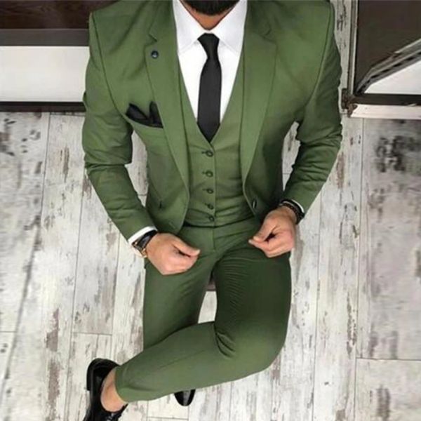 Костюмы 2024 Последние дизайны брюк зеленые мужчины Slim Fit 3 Piece Tuxedo Groom Suits Suits Custom Prom Parter Blazer Terno
