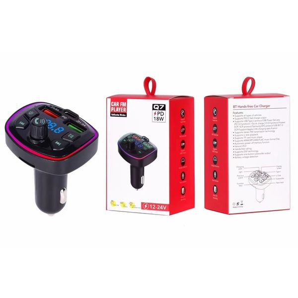 Q5 Q7 Autoladegerät, LED-Hintergrundbeleuchtung, Bluetooth 5.0-Ladegerät, FM-Transmitter, Auto-MP3-TF/U-Disk-Player, Freisprecheinrichtung, Adapter, Dual-USB-PD-Typ-C-Schnellladegerät mit Einzelhandelsverpackung