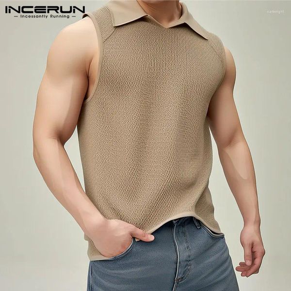 Homens Tank Tops Incerun Homens Cor Sólida Lapela Sem Mangas Streetwear Coletes Casuais Verão 2024 Estilo Coreano Roupas de Moda S-5XL