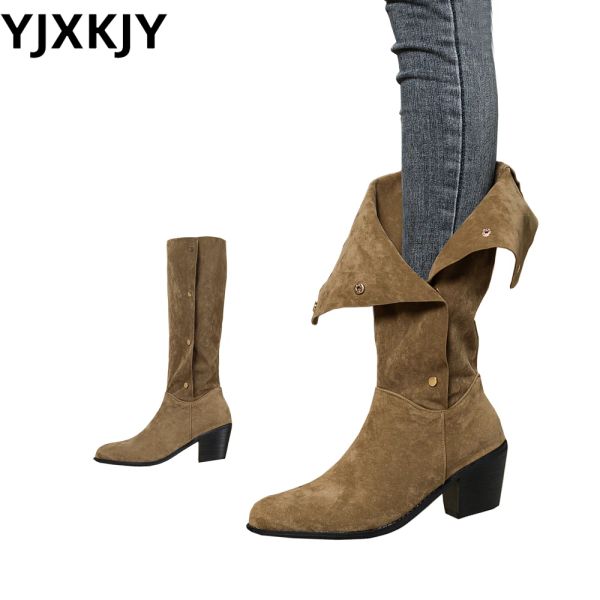 Stiefel Yjxkjy 2023 Winter Neues Produkt Ankunft Mode Frauen große Schuhe Dicke Absatz Spitzknopf Knie Western Knight Stiefel Einfach
