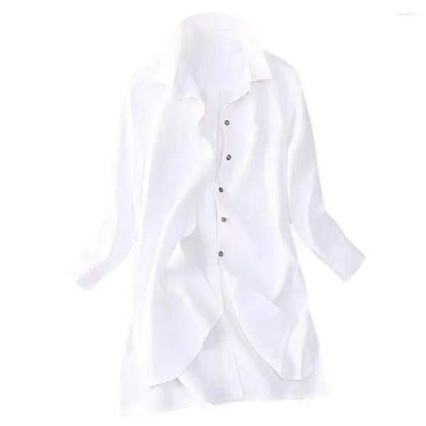 Blusas femininas solto ajuste cardigan vintage lapela pescoço camisa de manga longa cor sólida meados de comprimento trabalho topos para primavera verão moda suave