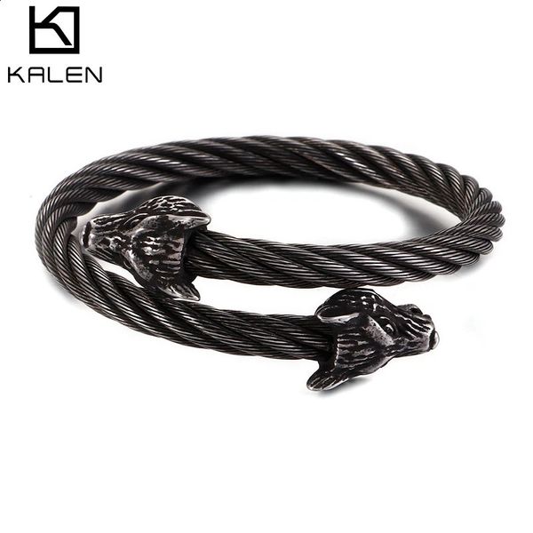 Kalen punk aço inoxidável fosco viking lobo charme pulseira homem hip hop cabo fio ouro cor animal manguito pulseira masculino jóias 240312