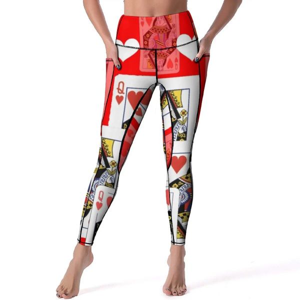 Roupa cartas de pôquer calças de yoga mulheres rainha vermelha coração leggings sexy cintura alta novidade yoga esporte legging estiramento gráfico treino leggins
