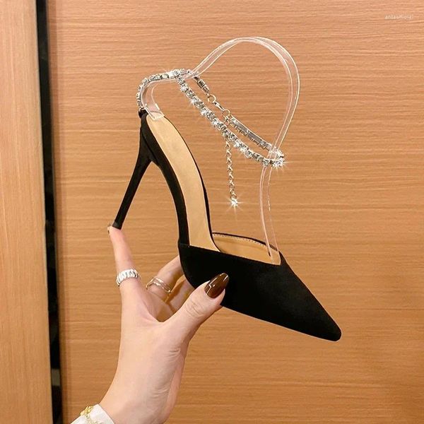 Elbise Ayakkabı Kristal Rhinestone Zincir Pompalar Roma Sandalet Siyah Gül Flock Kadınlar Saçlı Ayak Parmağı Stiletto Yüksek Topuklu Yaz Partisi