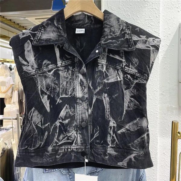 Gilet da donna Estate Vintage Tie-dye Stampa dipinta a mano Gilet di jeans nero Giacca da donna Risvolto senza maniche Gilet corto da cowboy Veste Femme