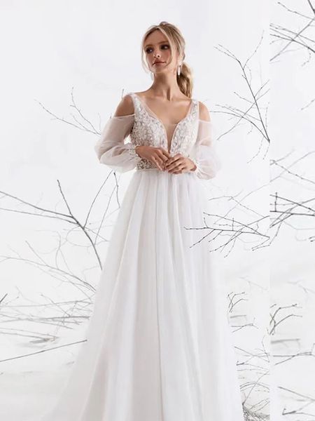 Chiffon V-Neck Sexy Wedding 2024 White Fork Designs Abito da sposa per femmina con maniche da sposa Beach Abito da sposa YD