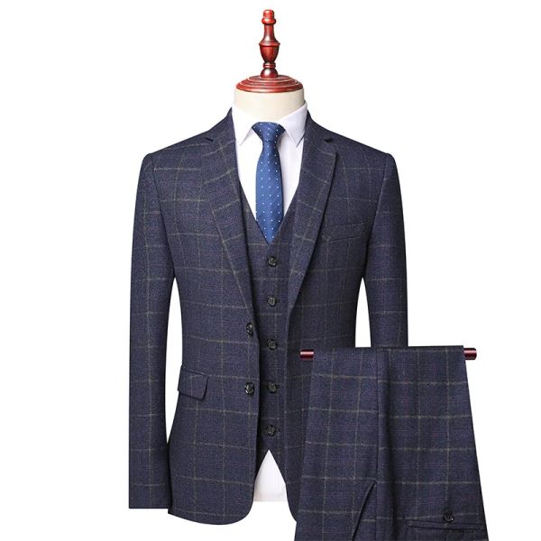 Abiti nuovi eleganti 3 pezzi da uomo abiti scozzesi vestito a quadri blu design per uomo abiti da sposa uomo di alta qualità trajes elegante para hombres