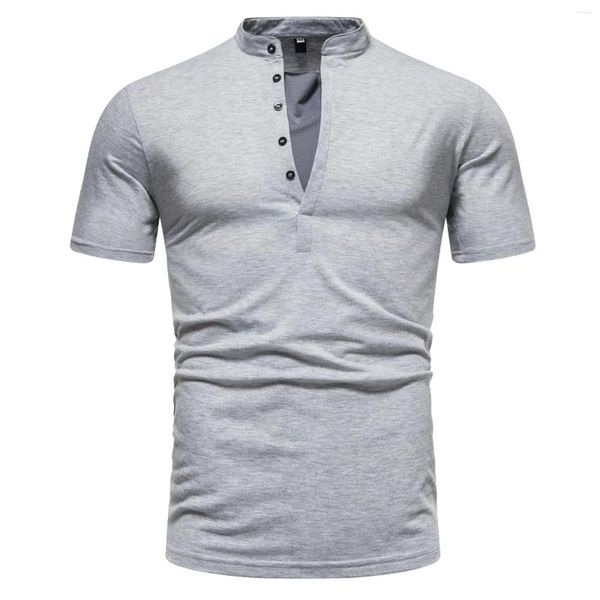 Homens camisetas verão rígido casual cor pura moda manga curta tops botão liso homens lazer solto macio