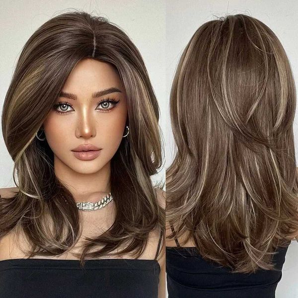 Perucas sintéticas City Ladies Style Médio Curto Perucas Sintéticas Ombre Peruca de Cabelo Marrom com Franja Lateral para Meninas e Mulheres Uso Diário Desgaste Natural 240328 240327