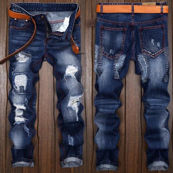 Erkekler Kot High-Hole Delik Harabe Tasarım Artı Boyut All Maçlı Avrupalı ​​Erkekler Denim Pantolon Traend Düz Gündelik Marka
