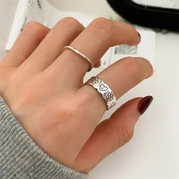 Cluster-Ringe, minimalistisch, dünn, einzigartiges Herz, Blume, Silber, feiner Schmuck, verstellbarer Fingerring für Frauen und Mädchen, einfaches Party-Geburtstagsgeschenk